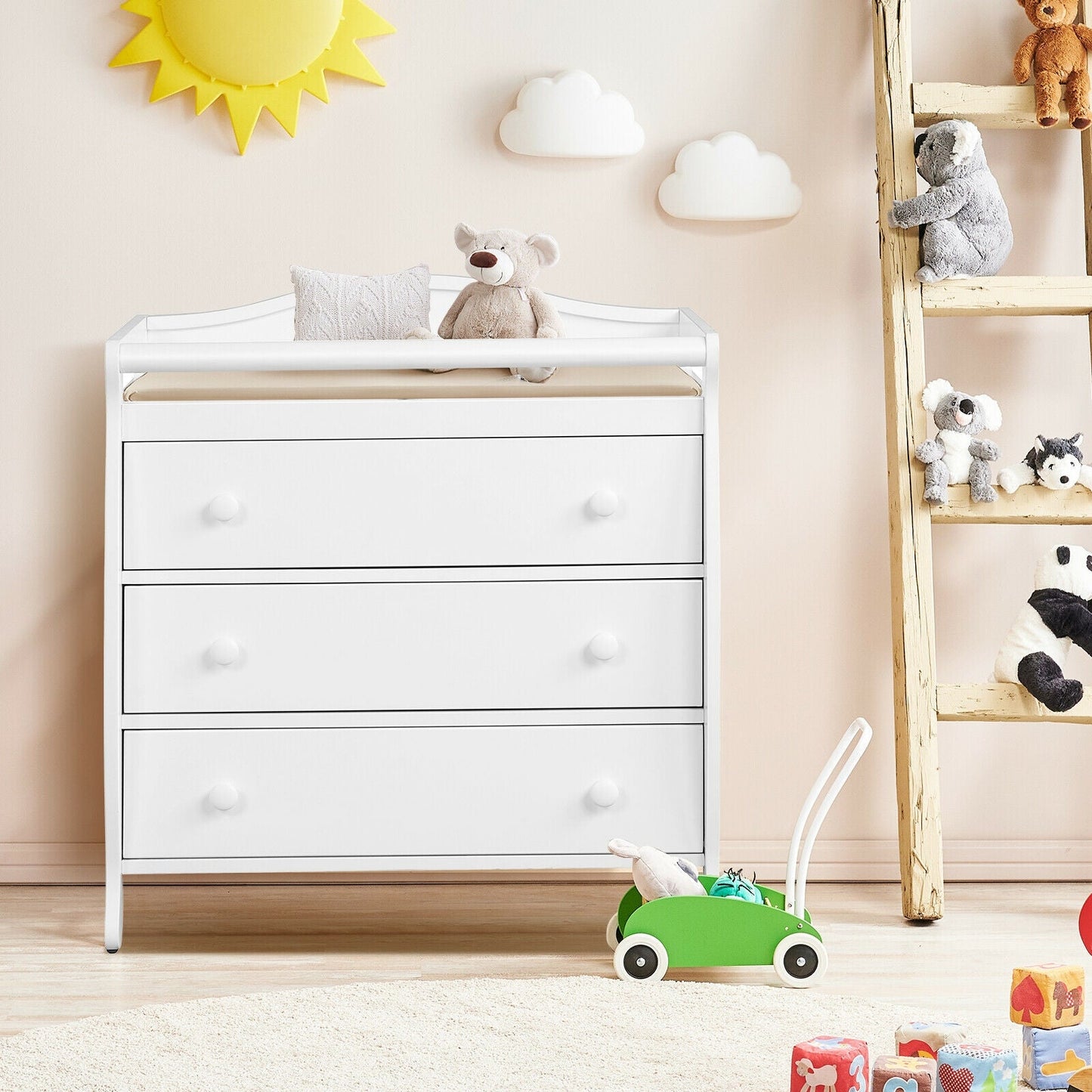 Premium Baby Changing Table with 3 Drawers and Safety Belt - White