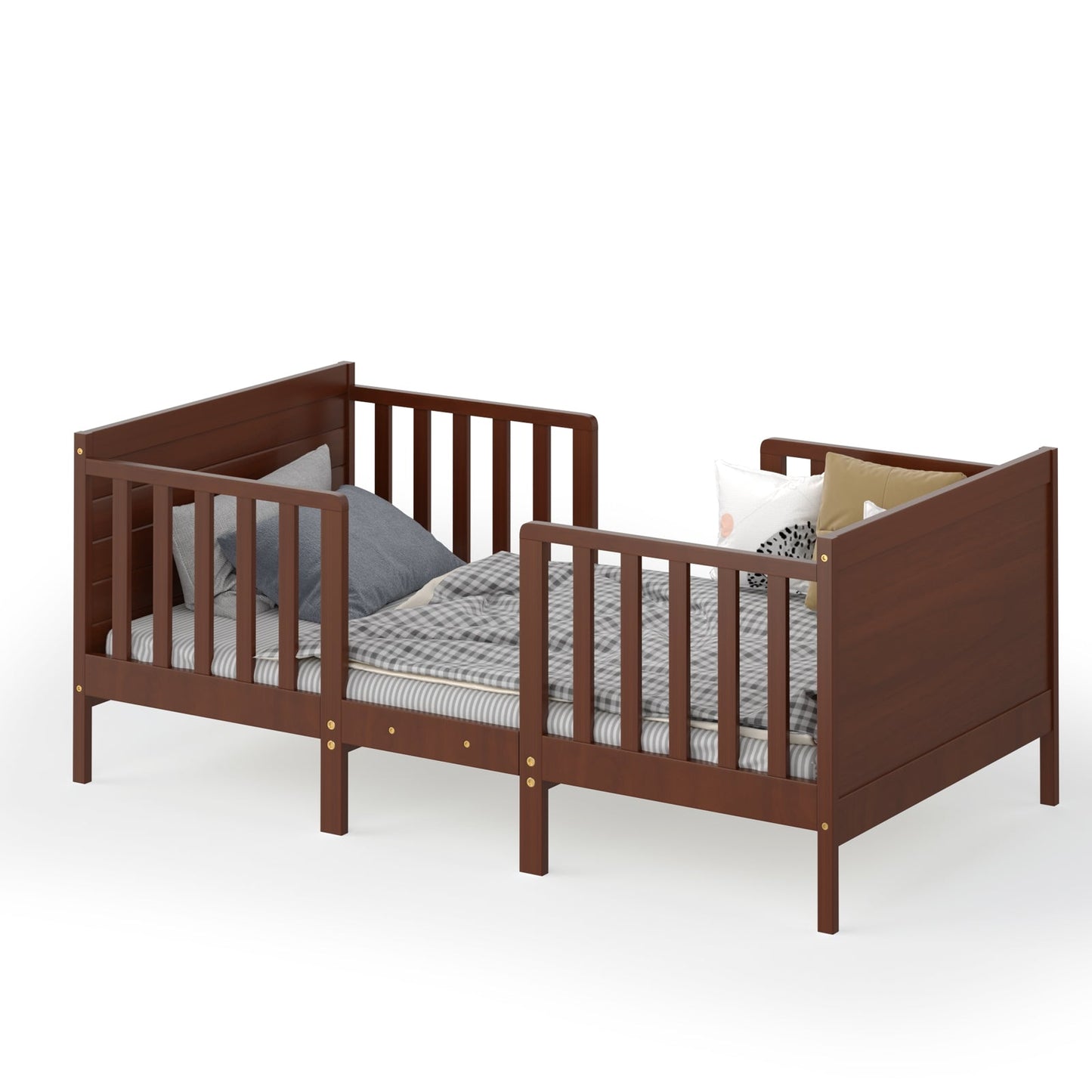 2-in-1 Convertible Kids Wooden Toddler Bed with Guardrails - Brown