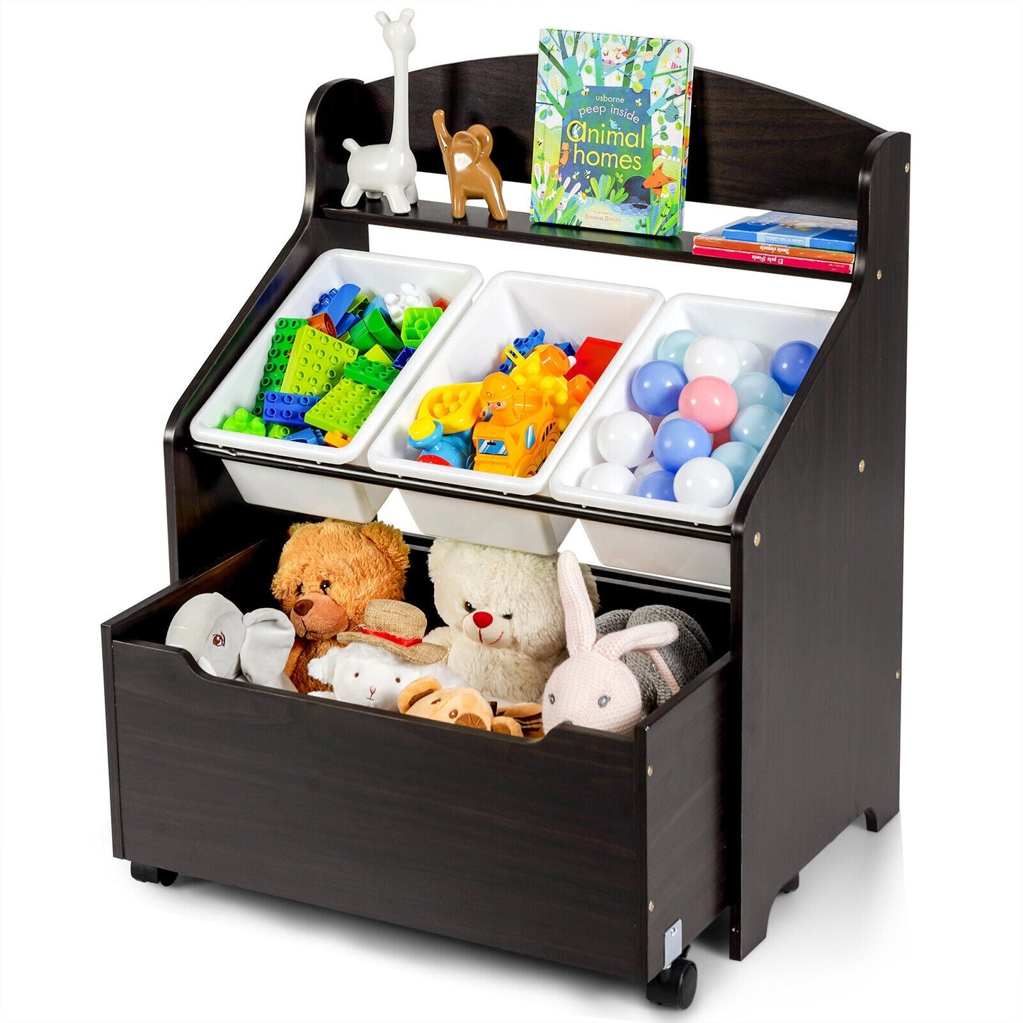 Unité de rangement en bois pour jouets pour enfants avec boîte à jouets roulante - Espresso