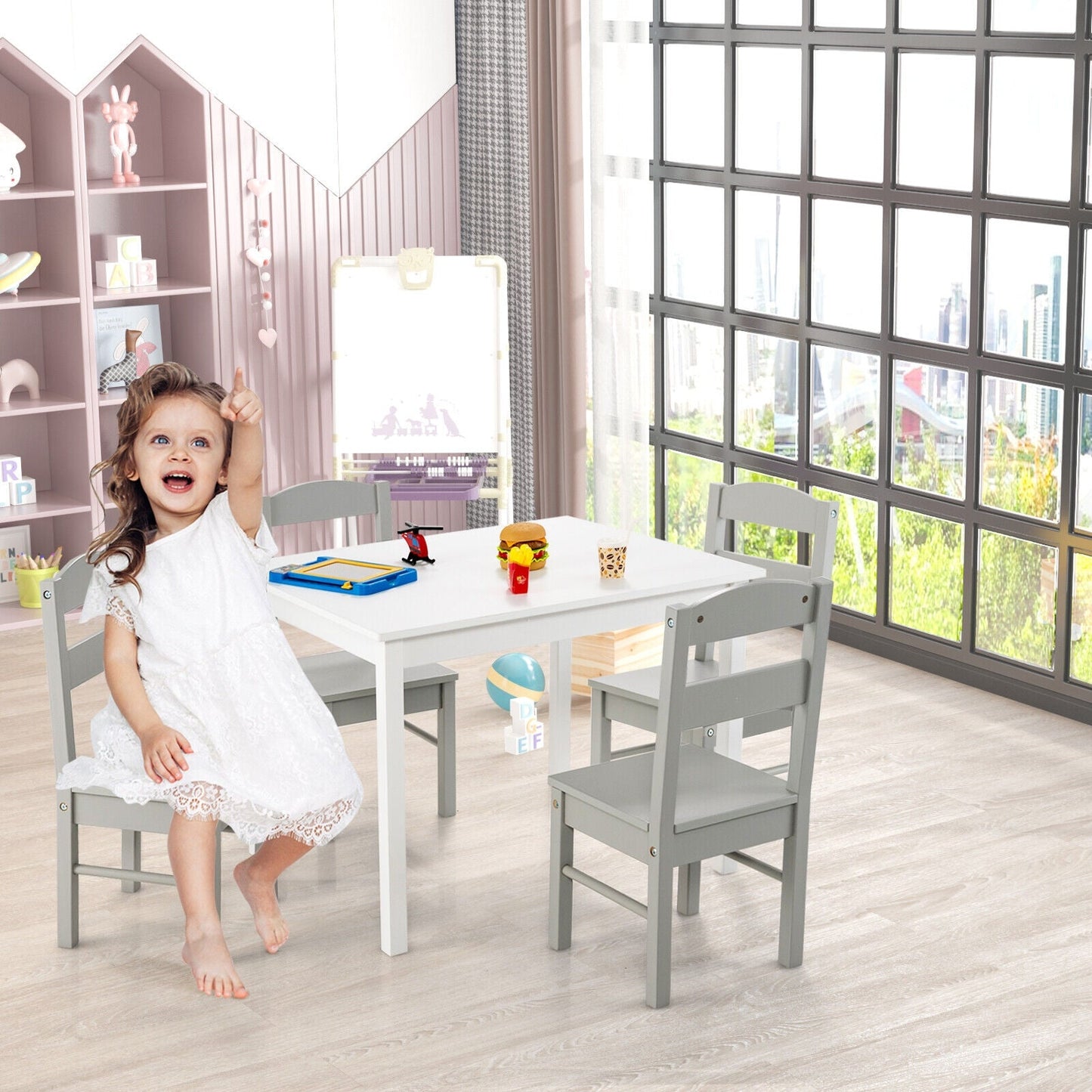 Kids 5-Piece Wooden Table and Chair Set - White