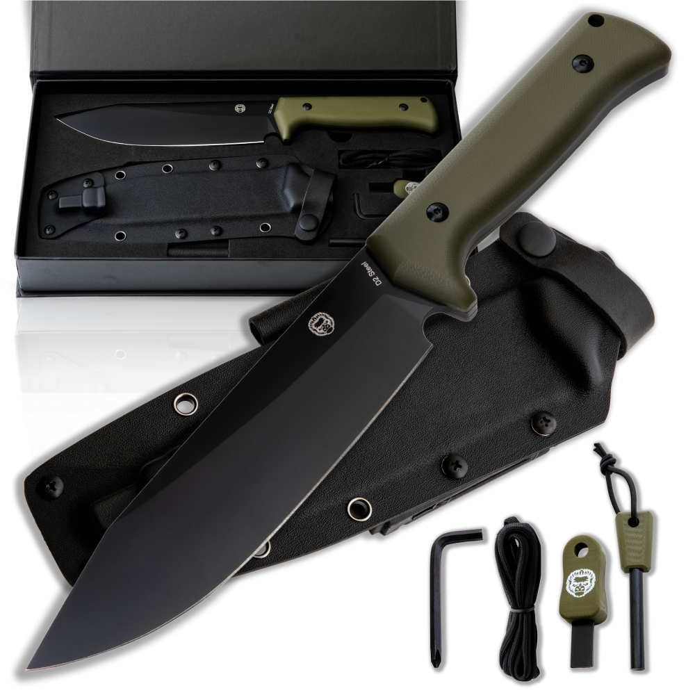 Congo D2 Bushcraft Survival Knife Set - Black Blade & Green Handle - Korvel