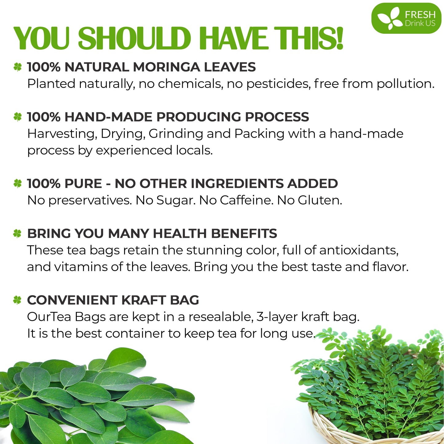 Bolsitas de té de hojas de moringa, 100 % natural y puro. Té de hojas de moringa a granel. Sin azúcar, sin cafeína, sin gluten, vegano.