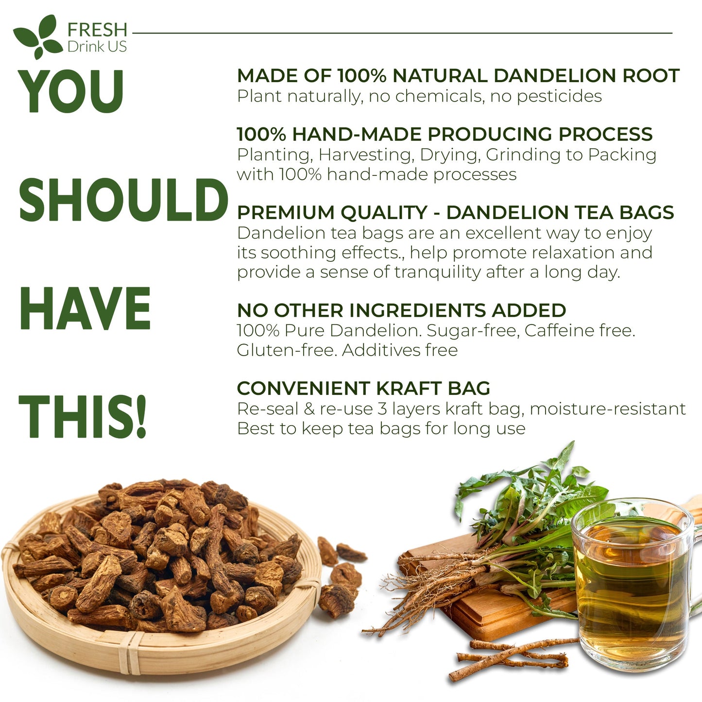 Bolsitas de té de raíz de diente de león, 100 % natural y puro. Bolsitas de té ecológicas. Infusión de raíz de diente de león. Sin azúcar, sin cafeína, sin gluten. Vegano. 