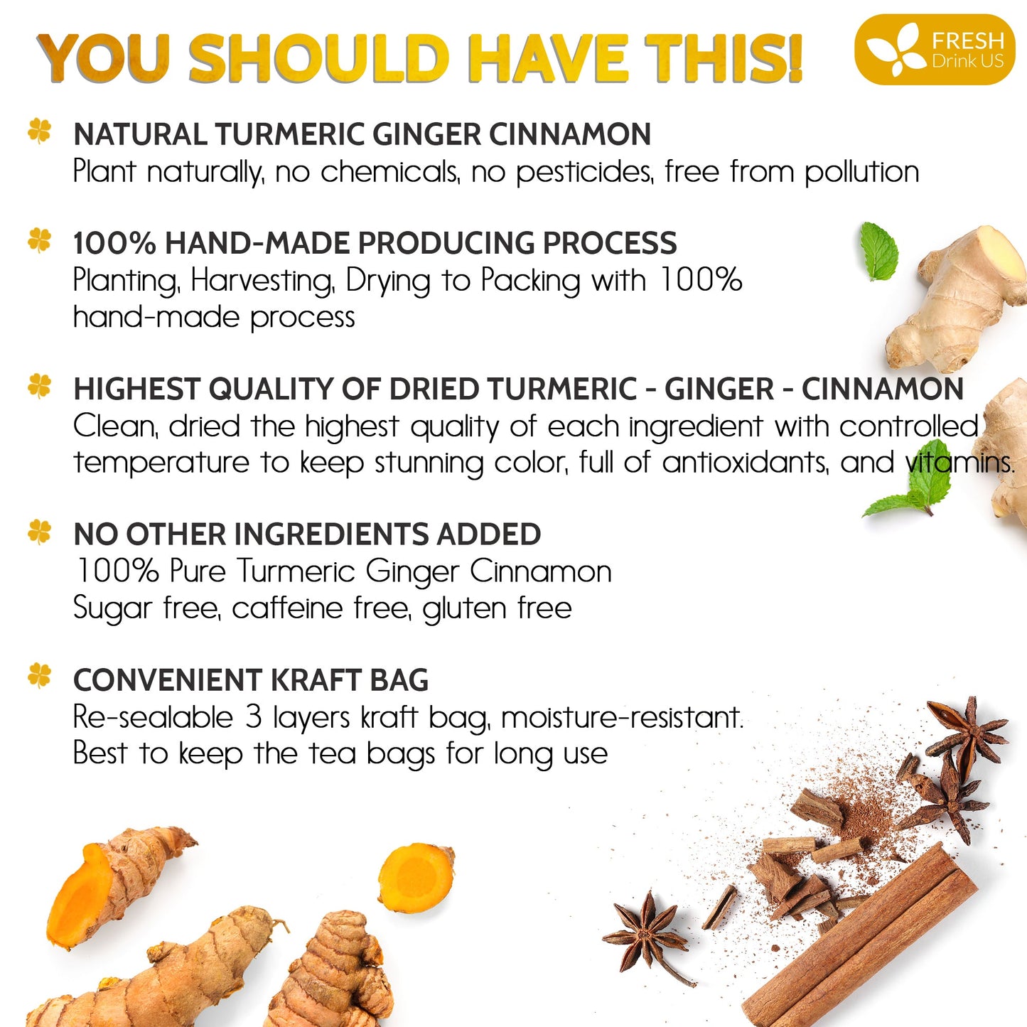 Turmeric Ginger Cinnamon Tea Bags - 100% Natural Herbal Blend