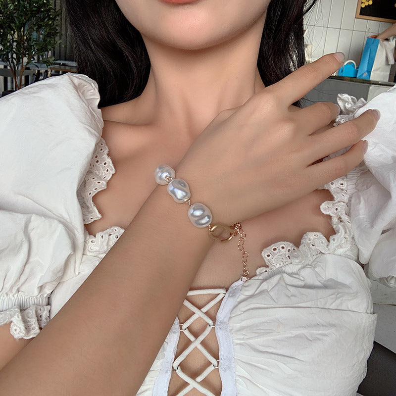 Handmade Imitation Pearl Gold Link Chain Bracelet