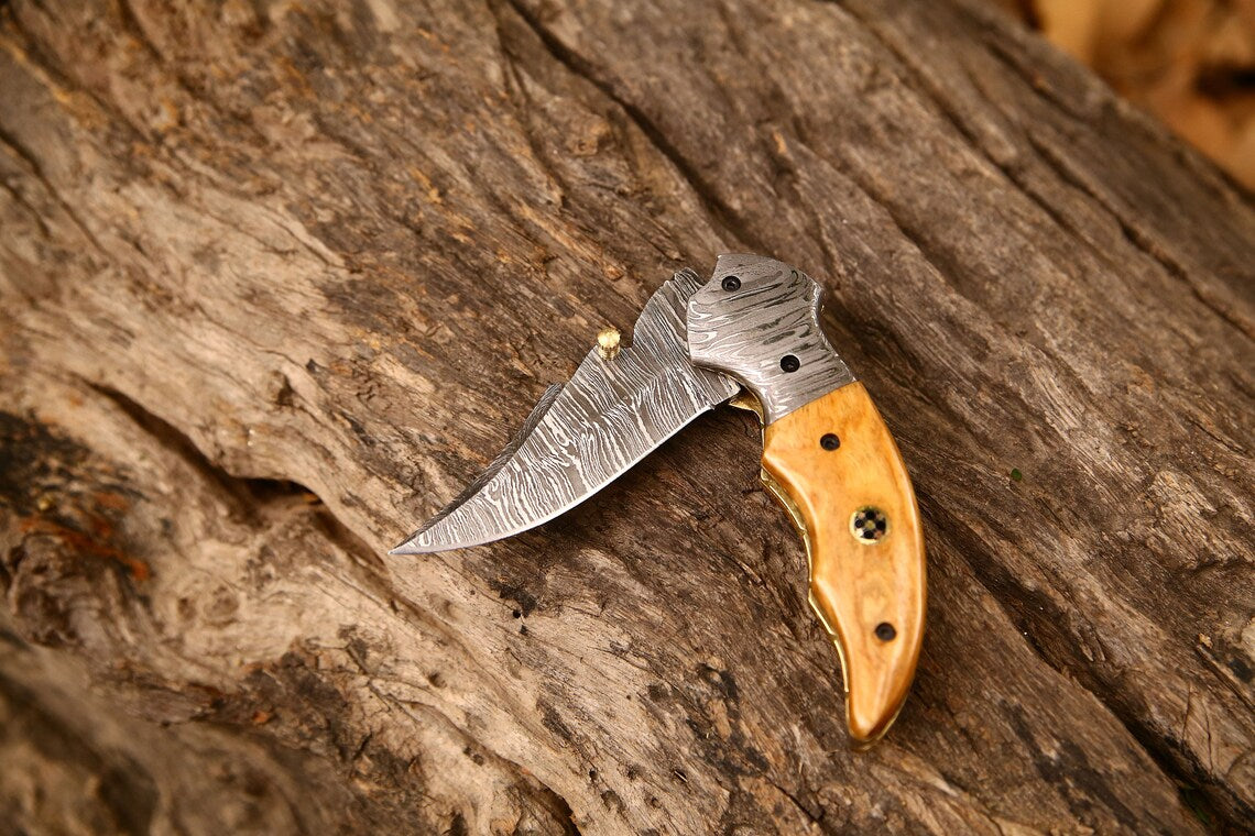 Exquisite Handmade Damascus Steel EDC Folding Knife | 3-Inch Blade, Bone Handle, Leather Sheath | Perfect Gift by KBS Knives - Korvel