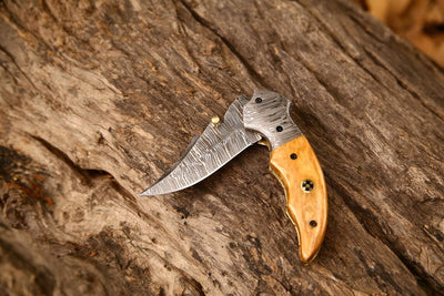 Exquisite Handmade Damascus Steel EDC Folding Knife | 3-Inch Blade, Bone Handle, Leather Sheath | Perfect Gift by KBS Knives - Korvel