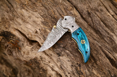 Exquisite Custom Damascus Steel EDC Folding Knife – Unique Wood Handle, 3-Inch Blade, Leather Sheath – Perfect for Weddings - Korvel
