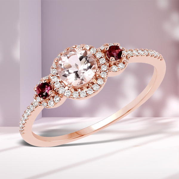 Bague en or rose 14K avec morganite de 0,63 carat, tourmaline rose et diamant