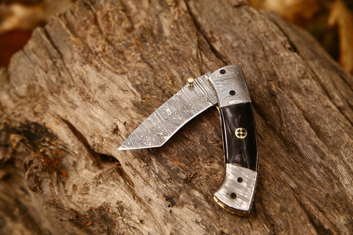 Exquisite Handmade Damascus Steel Tanto Folding Knife | 3-Inch Blade, Buffalo Horn Grip, Leather Sheath | Ideal Gift by KBS Knives - Korvel