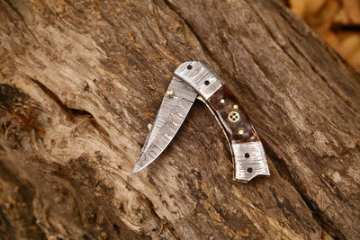 Exquisite Custom Damascus Steel Folding Pocket Knife – 3-Inch Blade with Sheep Horn Handle & Leather Case – Ideal Gift by KBS Knives - Korvel