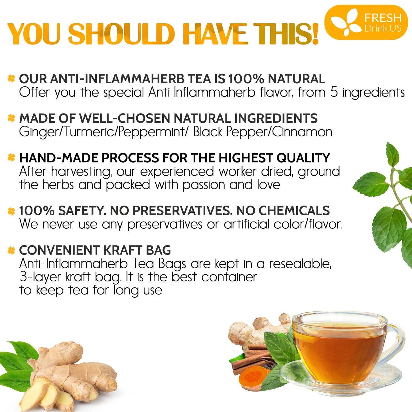 Té de hojas sueltas antiinflamatorio, 100 % natural, con jengibre, cúrcuma, menta, pimienta negra y canela. 