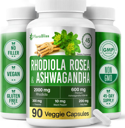Capsules véganes Premium Rhodiola Rosea & Ashwagandha - 2000mg