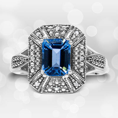 Bague en argent sterling .925 avec topaze bleue et accents en diamant - Taille 7