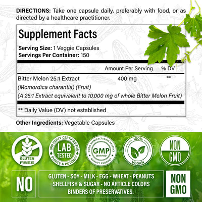 Bitter Melon Capsules, 1000mg, 150 Capsules - Gluten Free, Non-GMO - Korvel