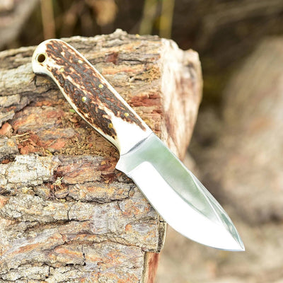 Premium Custom D2 Steel Skinning Knife | Unique Antler Handle | 7" | Leather Sheath Included - Korvel