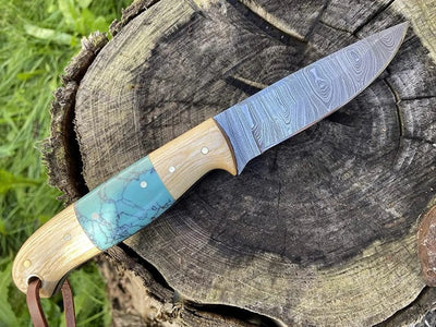 Artisan Damascus Hunting Knife with Olive Wood & Resin Handle by KBS Knives - Korvel