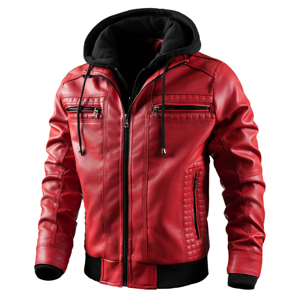 Men's Faux Leather Jacket Motorcycle Jacket Waterproof Windproof PU Moto Vintage Bomber Hoodie With Removable Hood - Korvel