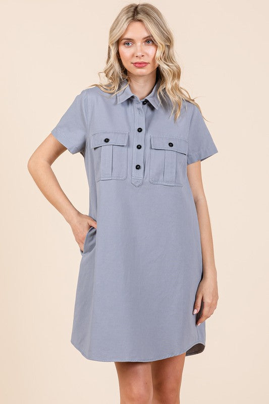 Button Detail Collared Neck Short Sleeve Shirt Dress