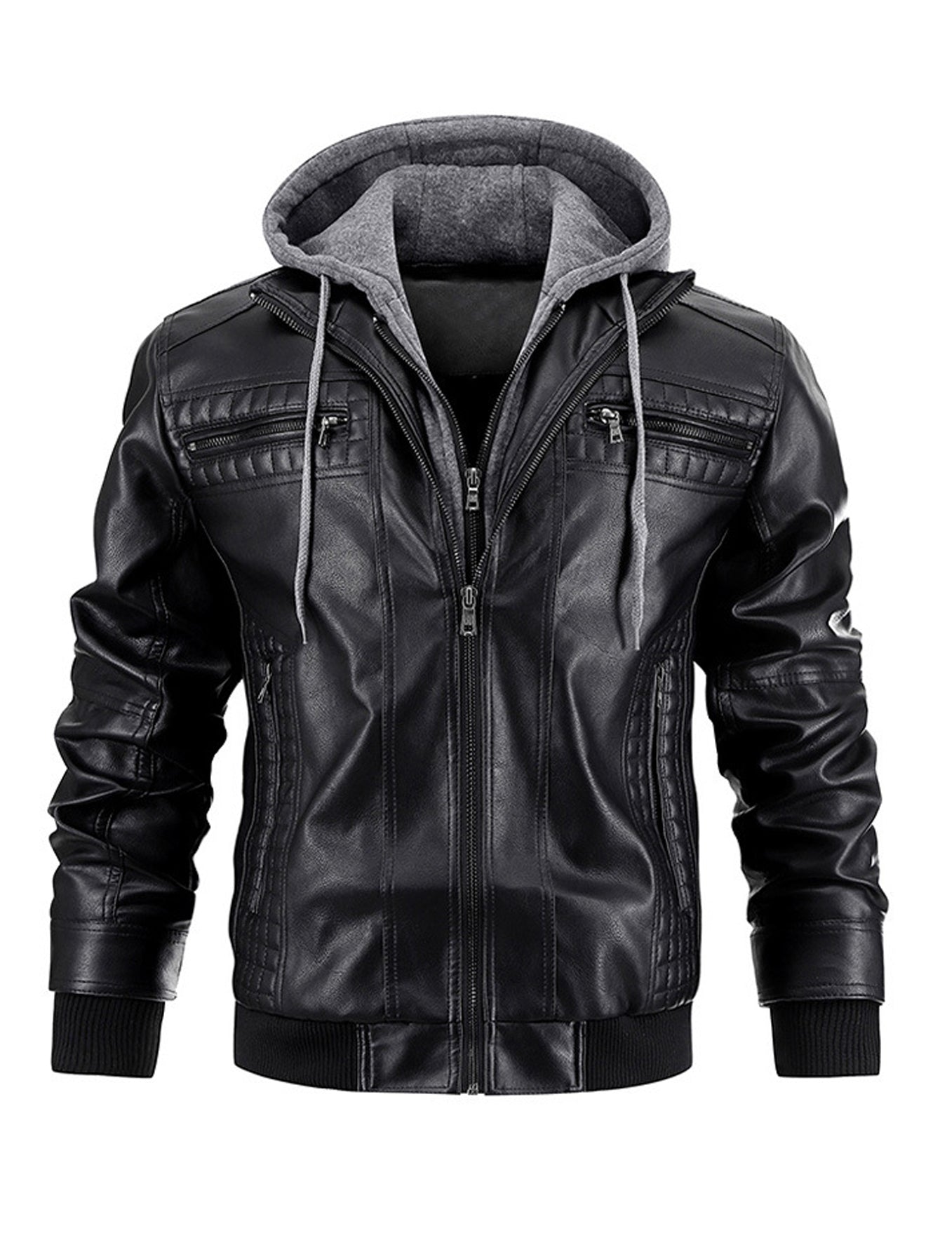 Men's Faux Leather Jacket Motorcycle Jacket Waterproof Windproof PU Moto Vintage Bomber Hoodie With Removable Hood - Korvel