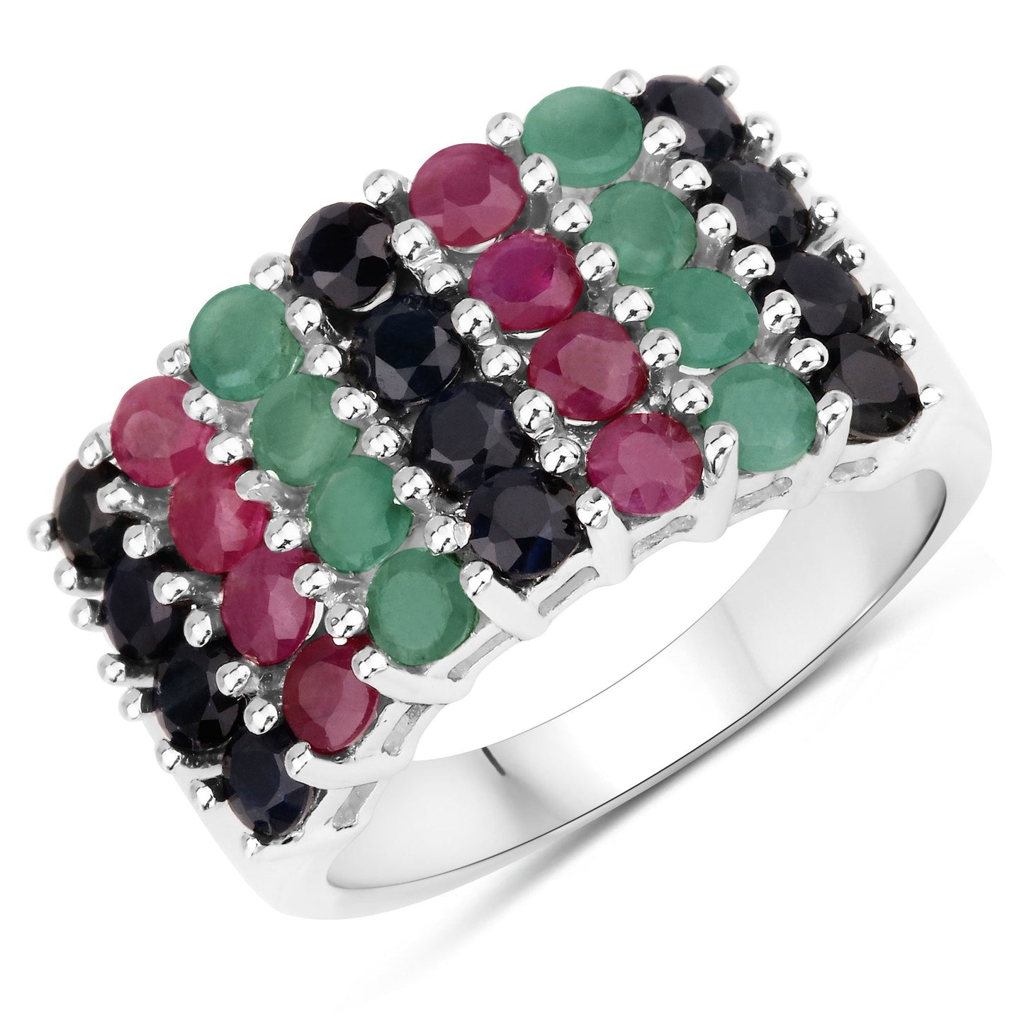 3.40 Carat Emerald, Ruby & Black Sapphire Sterling Silver Ring