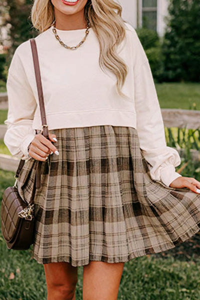 Vintage Plaid Round Neck Long Sleeve Mini Dress Cozy & Stylish Dress Retro Design Dress For Party - Korvel