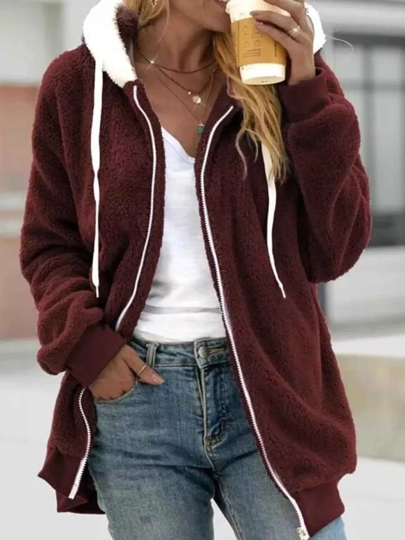 Cozy Fleece Zip-Up Hooded Jacket - Plus Size