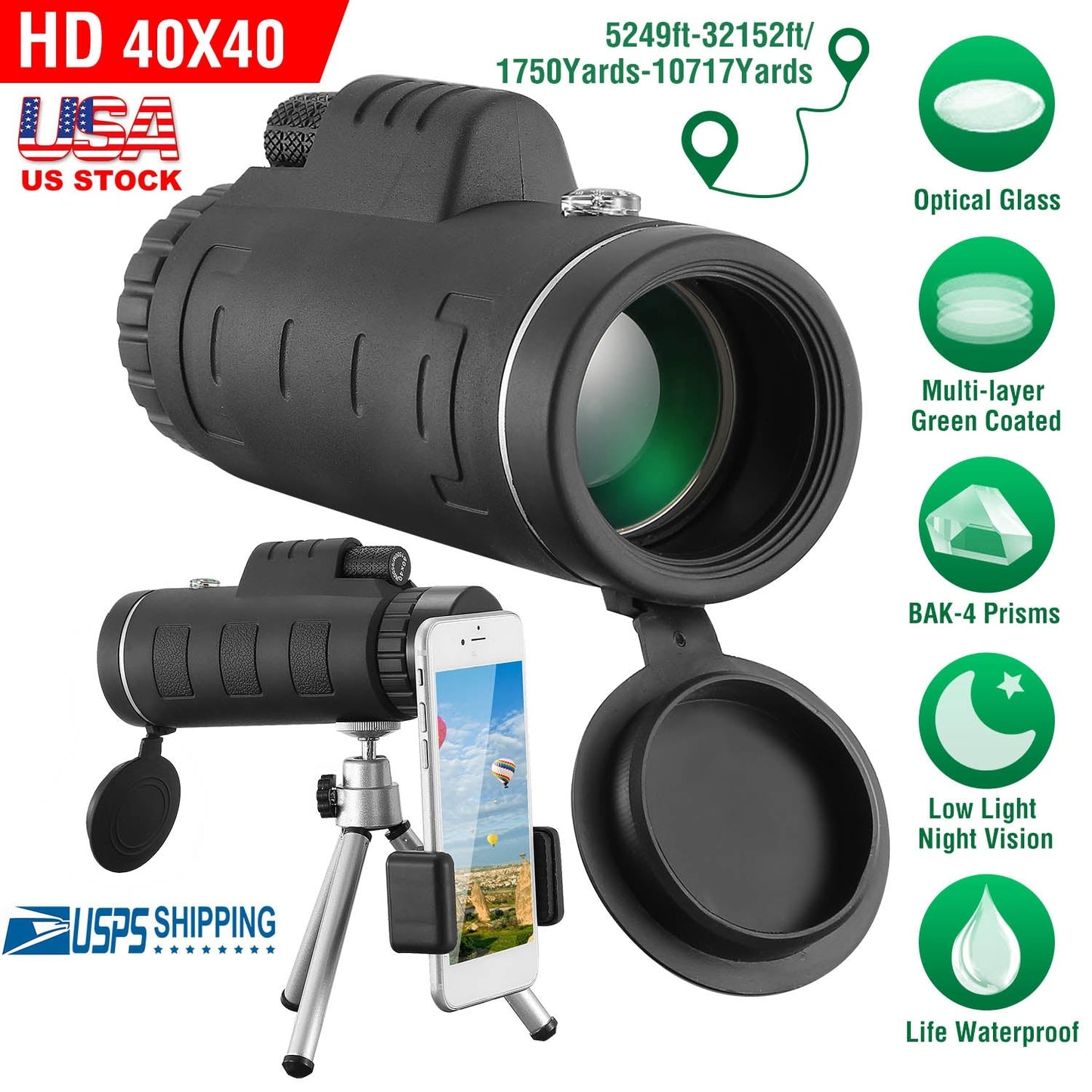 Télescope Monoculaire Optique HD Gbruno 40x40 avec Trépied et Support de Téléphone