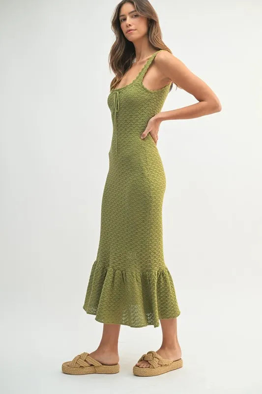 Elegant Ruffled Hem Sleeveless Crochet Knit Midi Dress