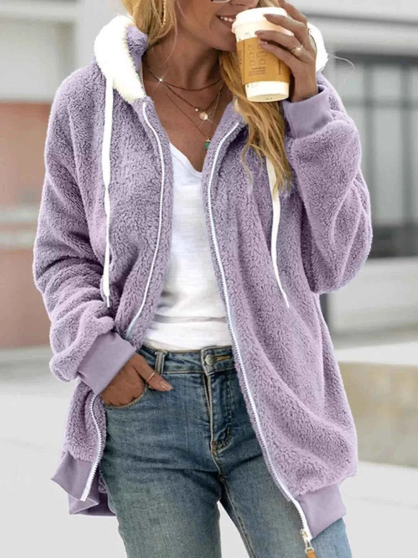 Cozy Fleece Zip-Up Hooded Jacket - Plus Size