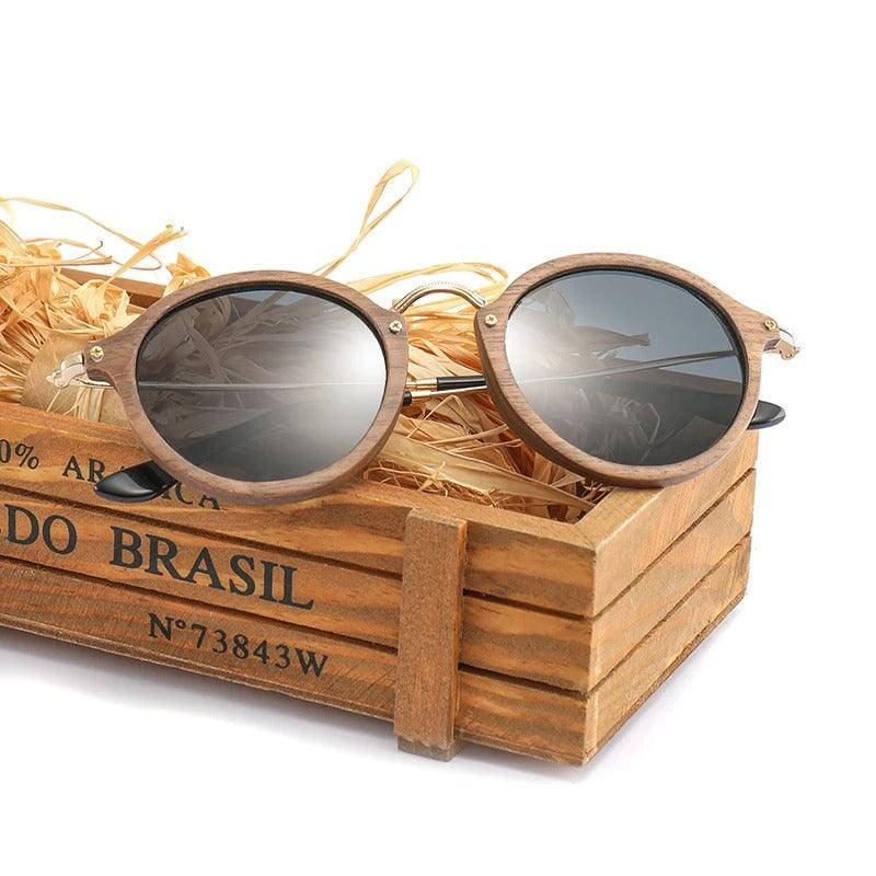 Modern Ultralight Polarized Sunglasses with Wooden Round Frame