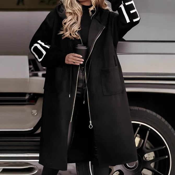 Hooded Long Windbreaker Jacket with Pockets for Women