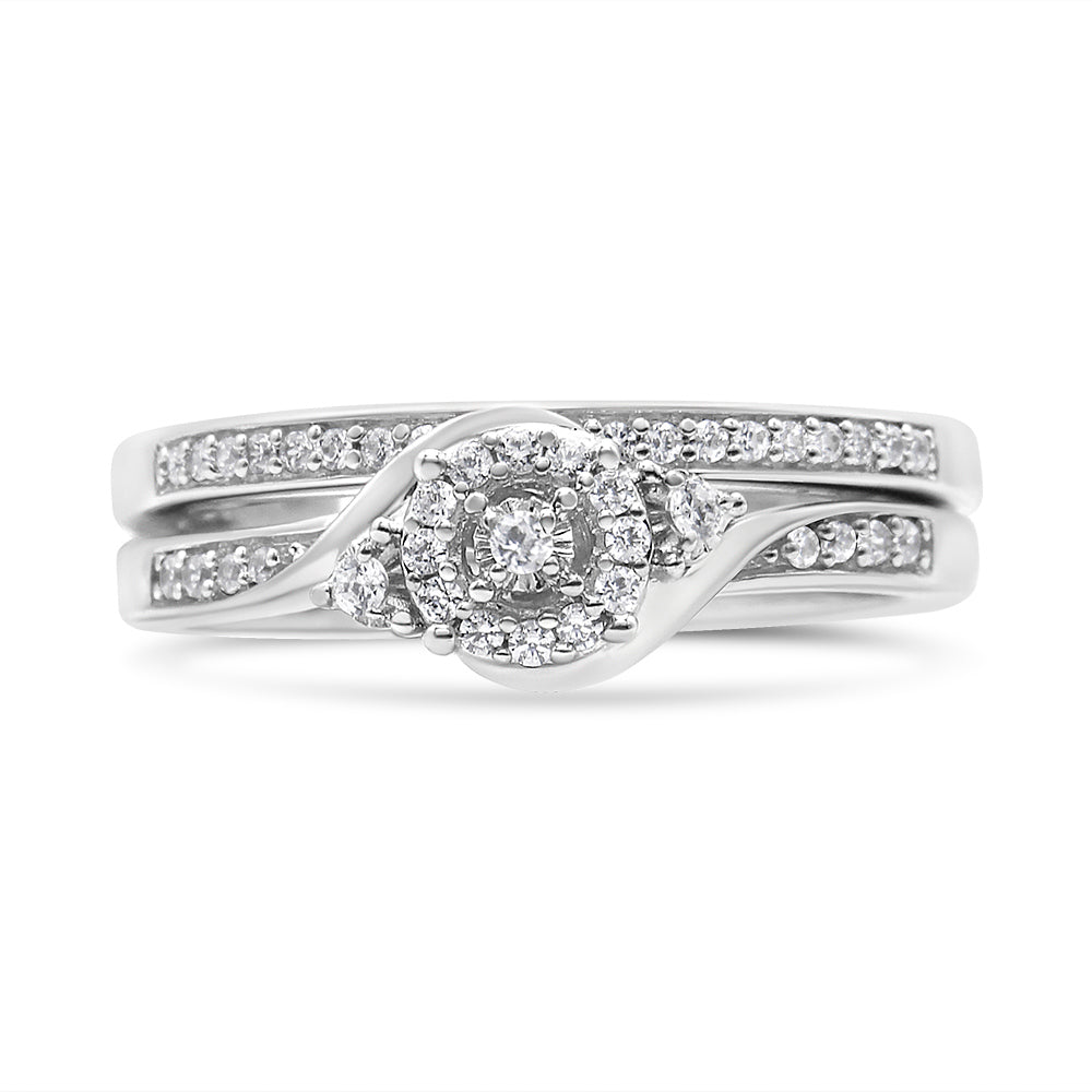 Ensemble de Bague de Fiançailles et de Mariage en Argent Sterling .925 avec Halo de Diamants et Tour