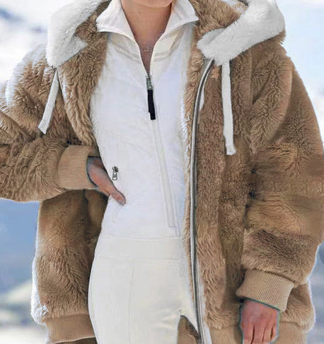 Autumn and Winter Loose Plush Zipper Hooded Jacket