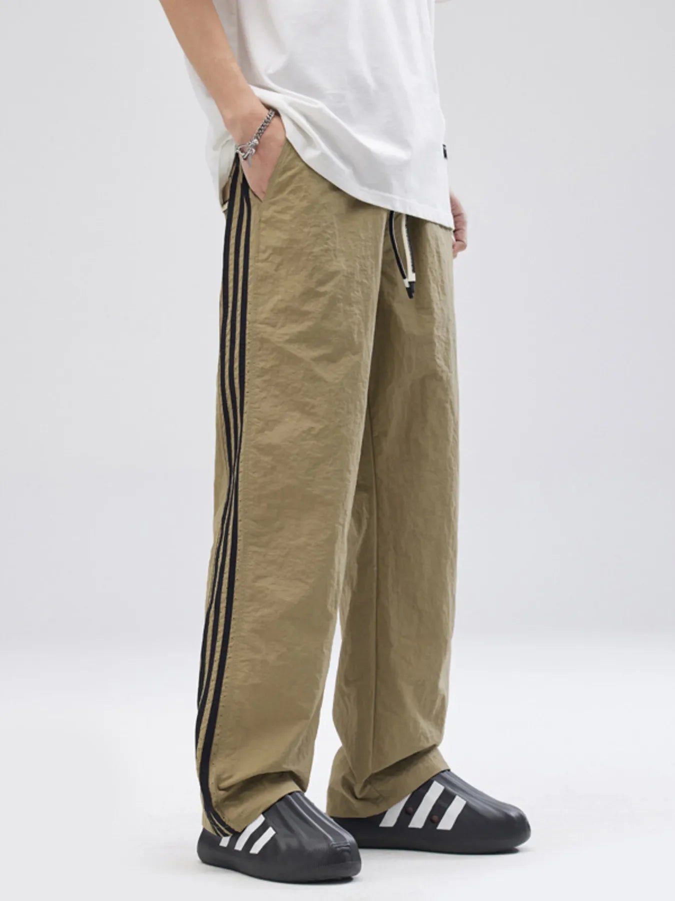 Men's Plus Size Drawstring Wide Leg Pants with Side Stripes