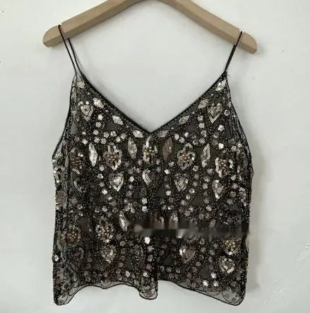 Haut à bretelles brodé de sequins et perles pour femmes