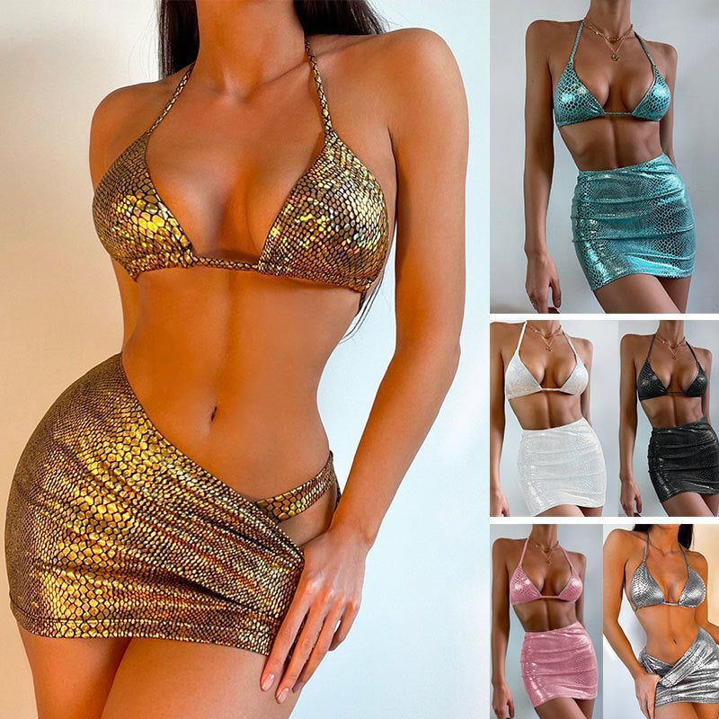 Women's 3 Piece Halter Snake Pattern Bikini Set with Cover Up