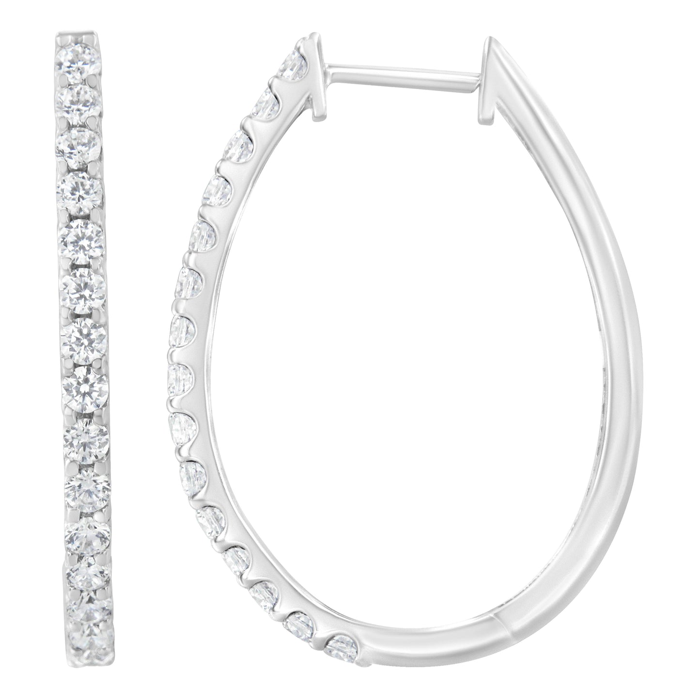 Boucles d'oreilles créoles oblongues en or blanc 14K avec diamants - 2,0 Cttw