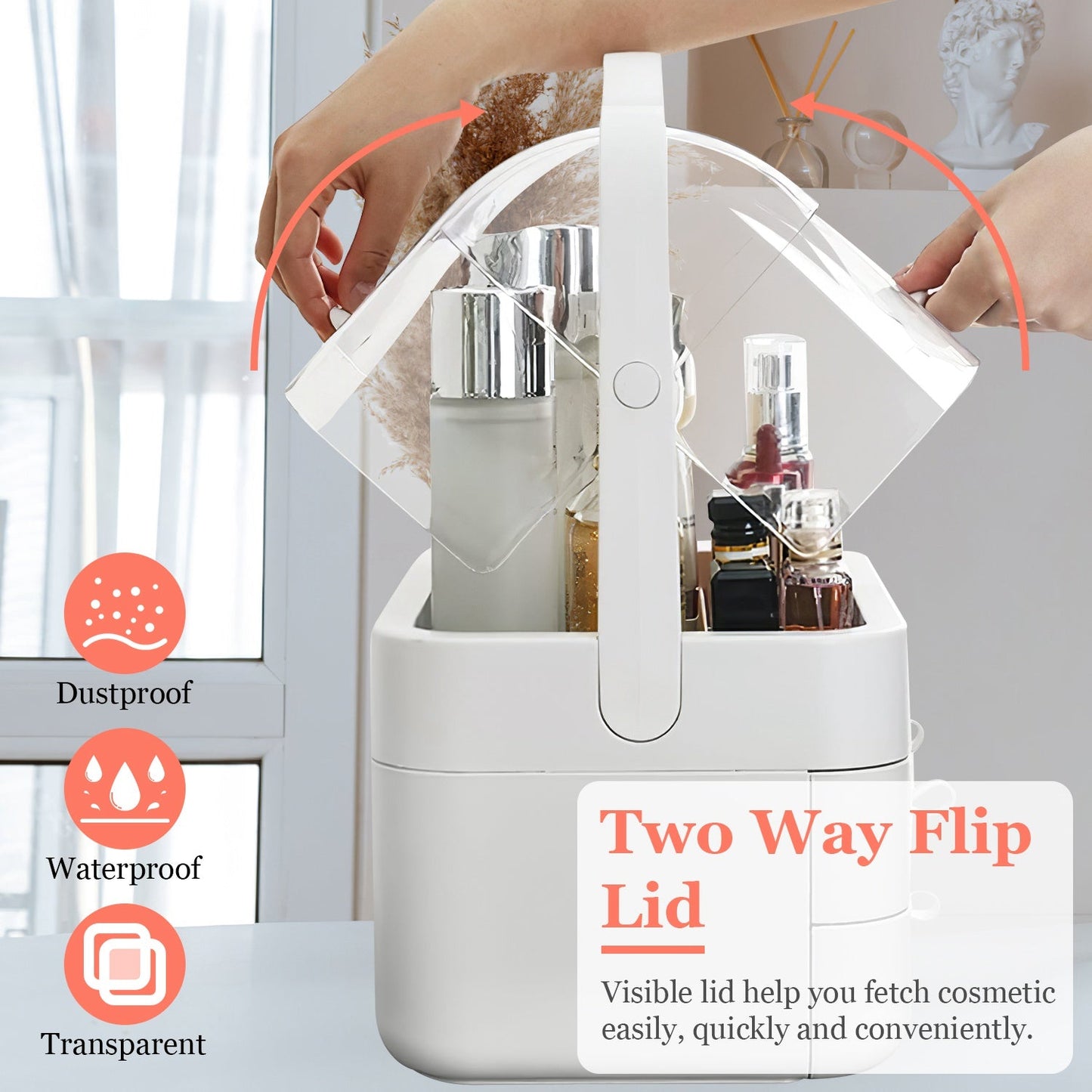 Organizador de Maquillaje de 3 Niveles con Tapa a Prueba de Polvo y Asa Portátil