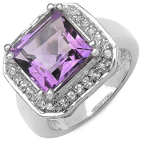 Anillo de Plata de Ley con Amatista y Topacio Blanco de 4.91 Quilates