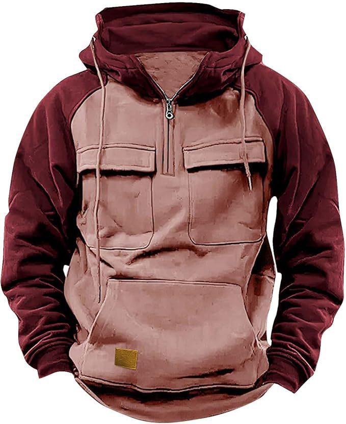 Men's Retro Cargo Hoodie with Half Zipper and Pockets