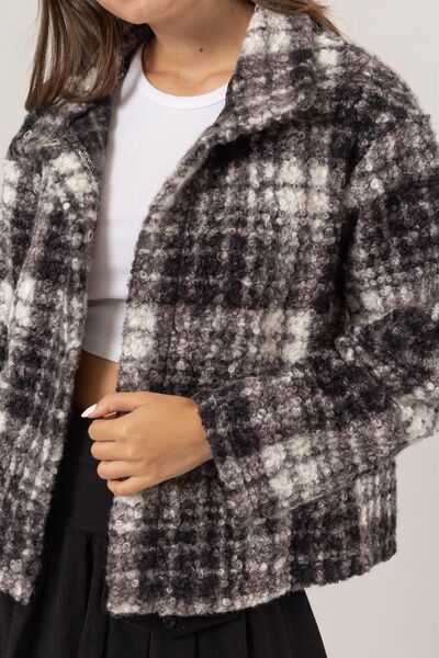 Chaqueta Bouclé a Cuadros con Cuello y Bolsillos