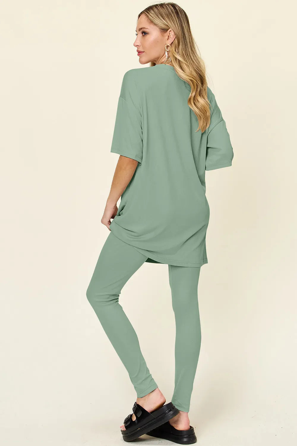 Double Take Full Size Round Neck T-Shirt and Leggings Set