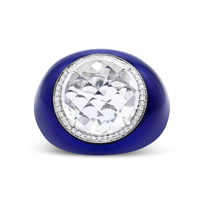 18K White Gold Quartz and Diamond Halo Ring with Blue Enamel - Size 7