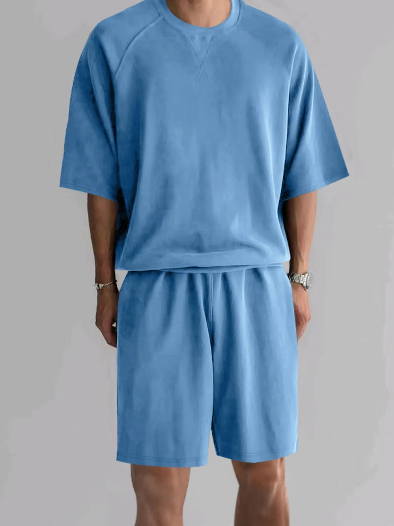 Men's Plus Size Round Neck Top and Shorts Set