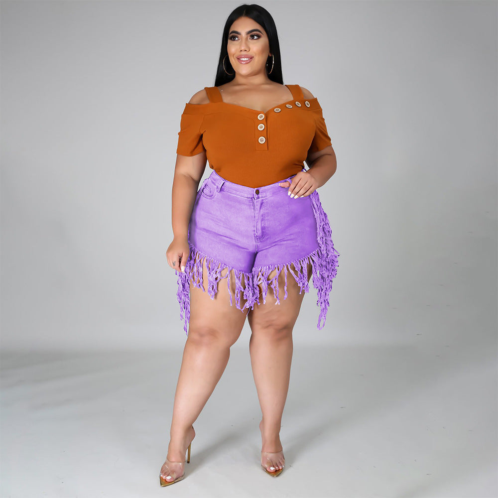 Retro High-Waisted Denim Shorts with Frayed Tassels