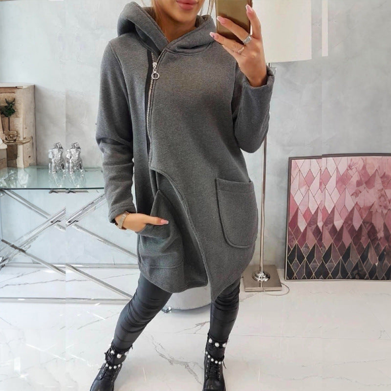 Half-High Neck Side-Zip Hoodie with Fleece-Lined Pockets