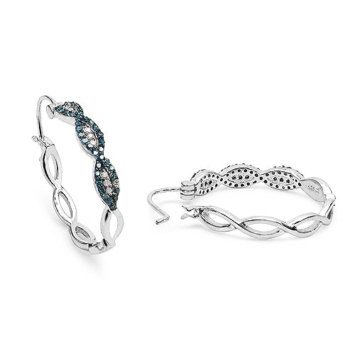 Elegant Blue & White Diamond .925 Sterling Silver Hoop Earrings
