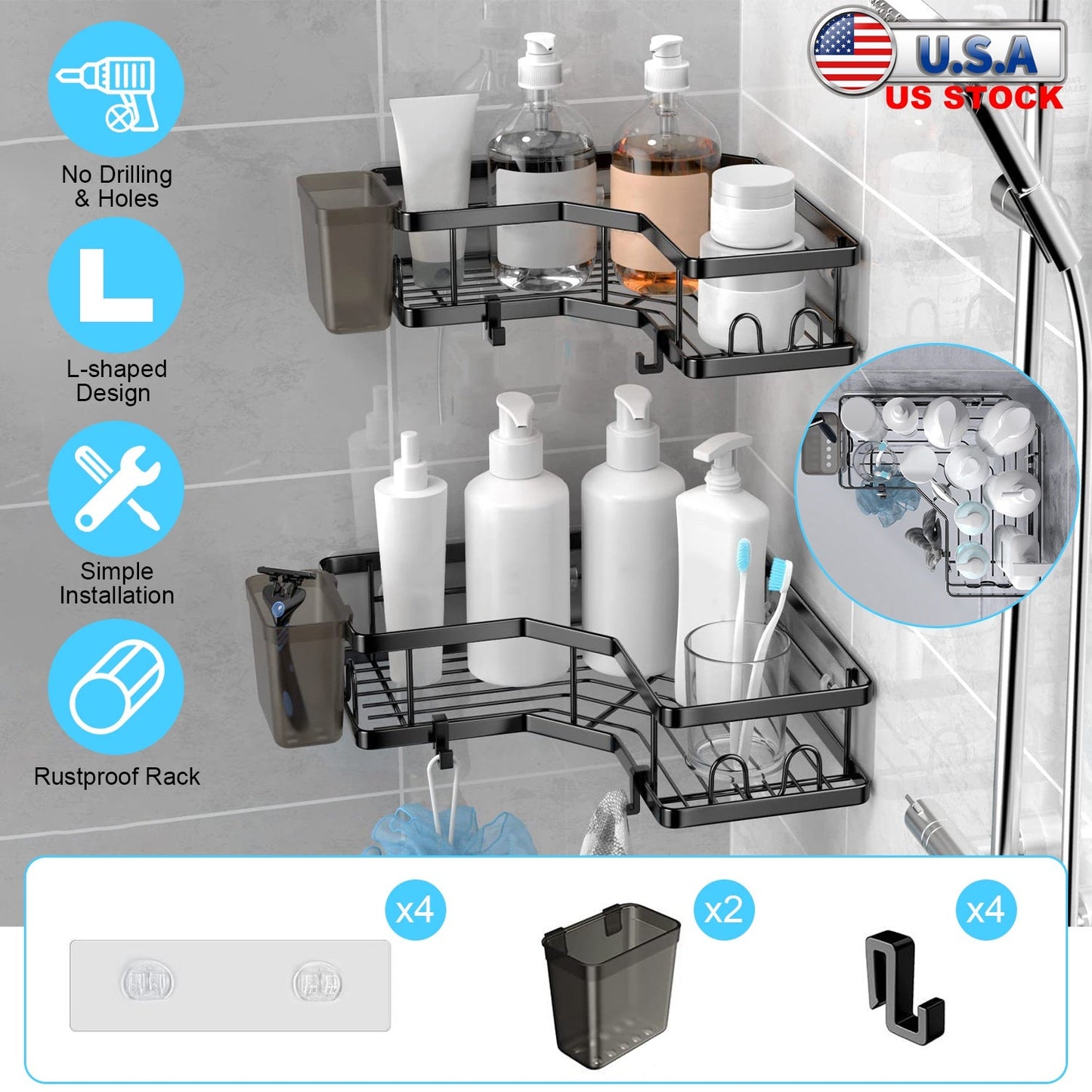 2-Piece Corner Shower Caddy Set - Anti-Rust Organizer