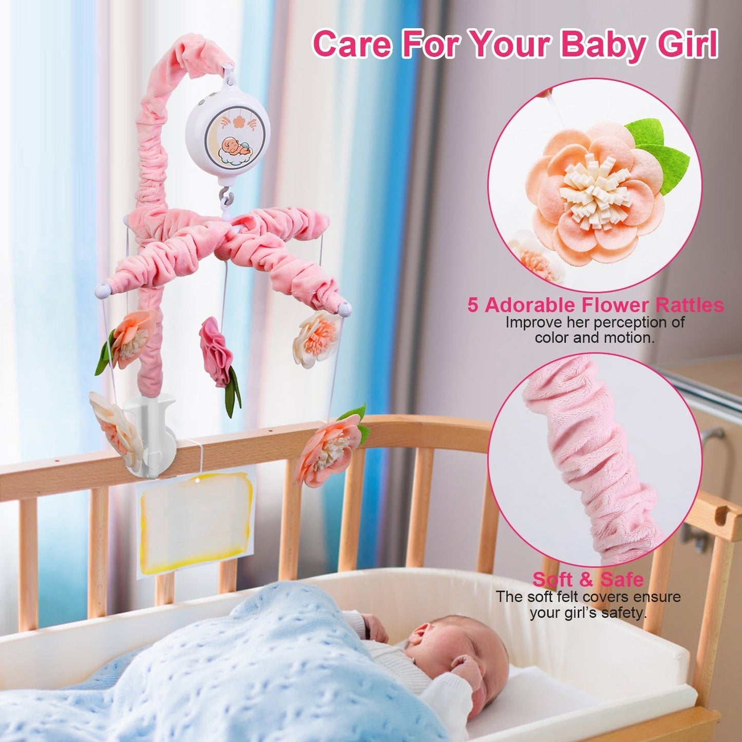Mobile musical Gbruno pour filles - 12 mélodies et 5 hochets en fleurs